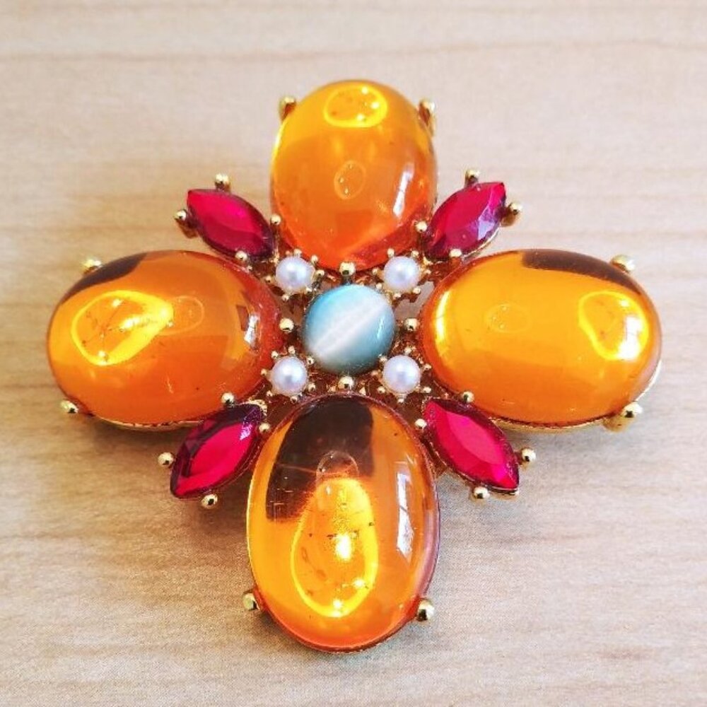 Vintage Gold Tone Orange Jelly Lucite, Cats Eye, Faux Pearl & Rhinestones Brooch